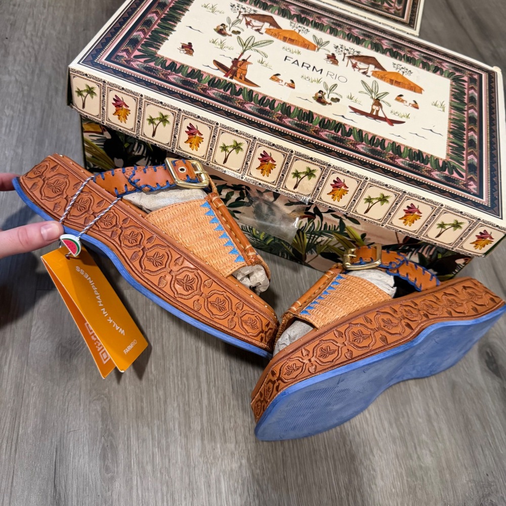Farm Rio Rust Flatform Mule Embroidered Raffia Platform Sandals Brown Blue 6 36